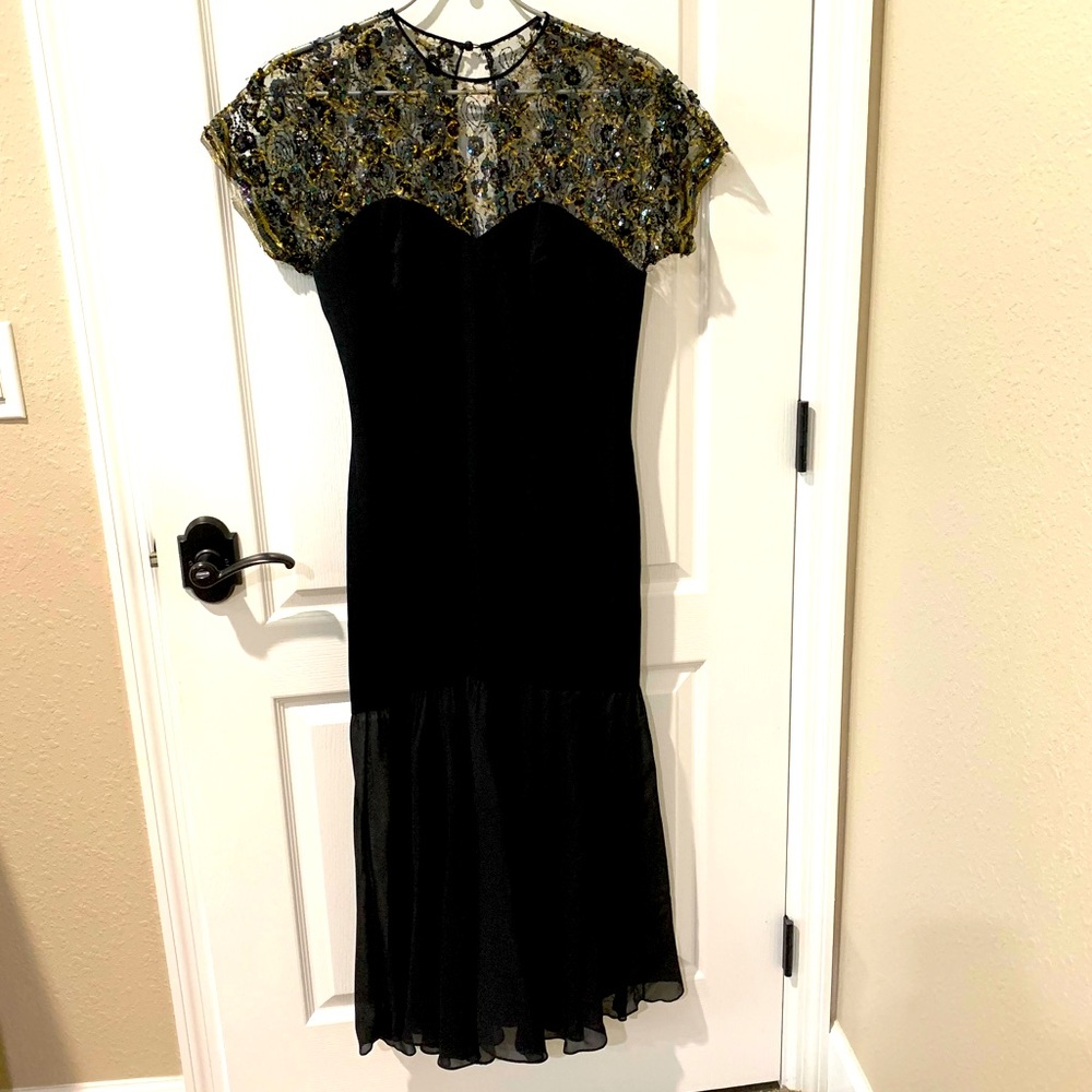 Carol Mignon Vintage Black and Gold Beaded Sequin Boutique Maxi Dress Gown sz8